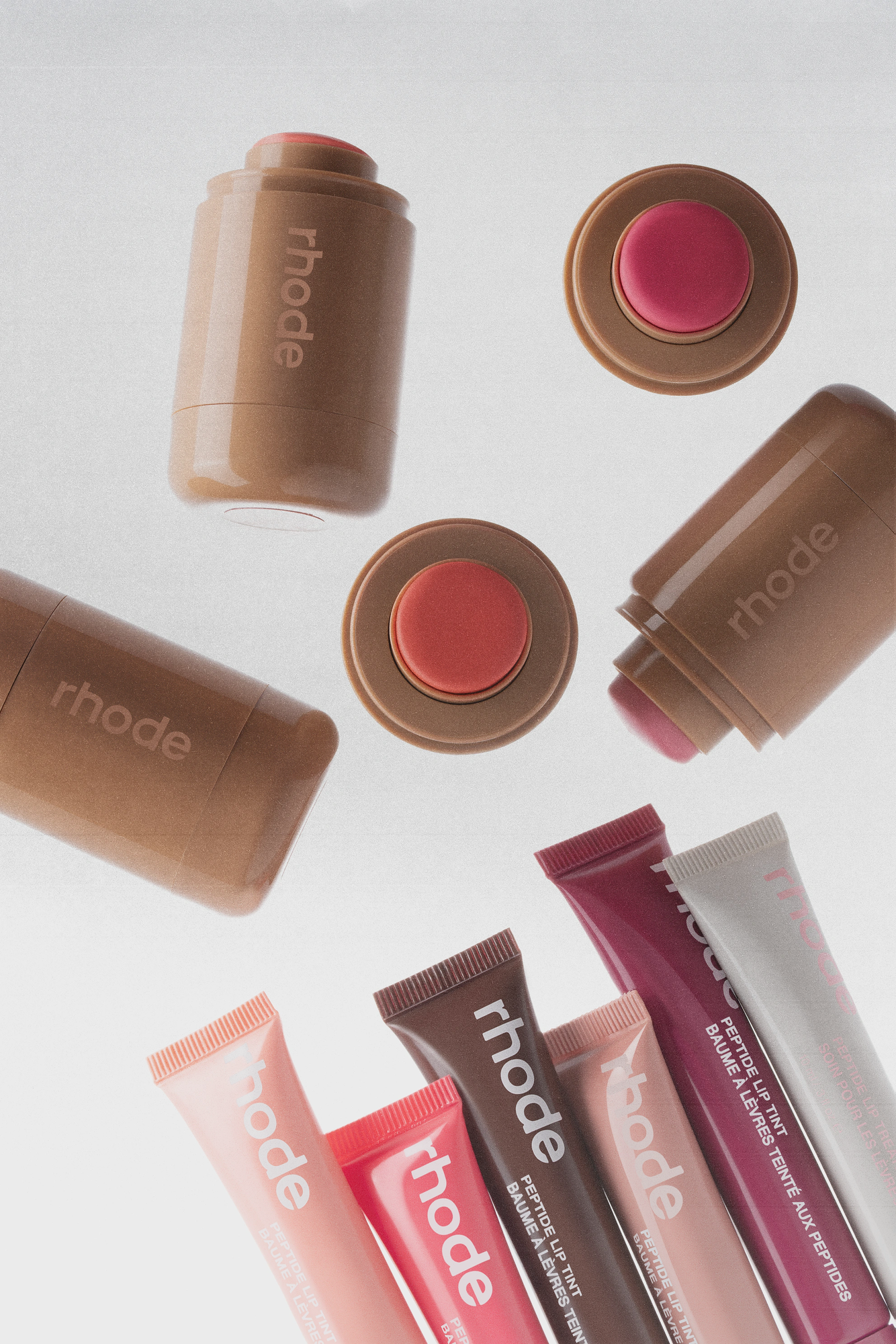 Beauty product retouching for cosmetic brands: Rhode blush and peptide lip tints still life for e-commerce and campaigns