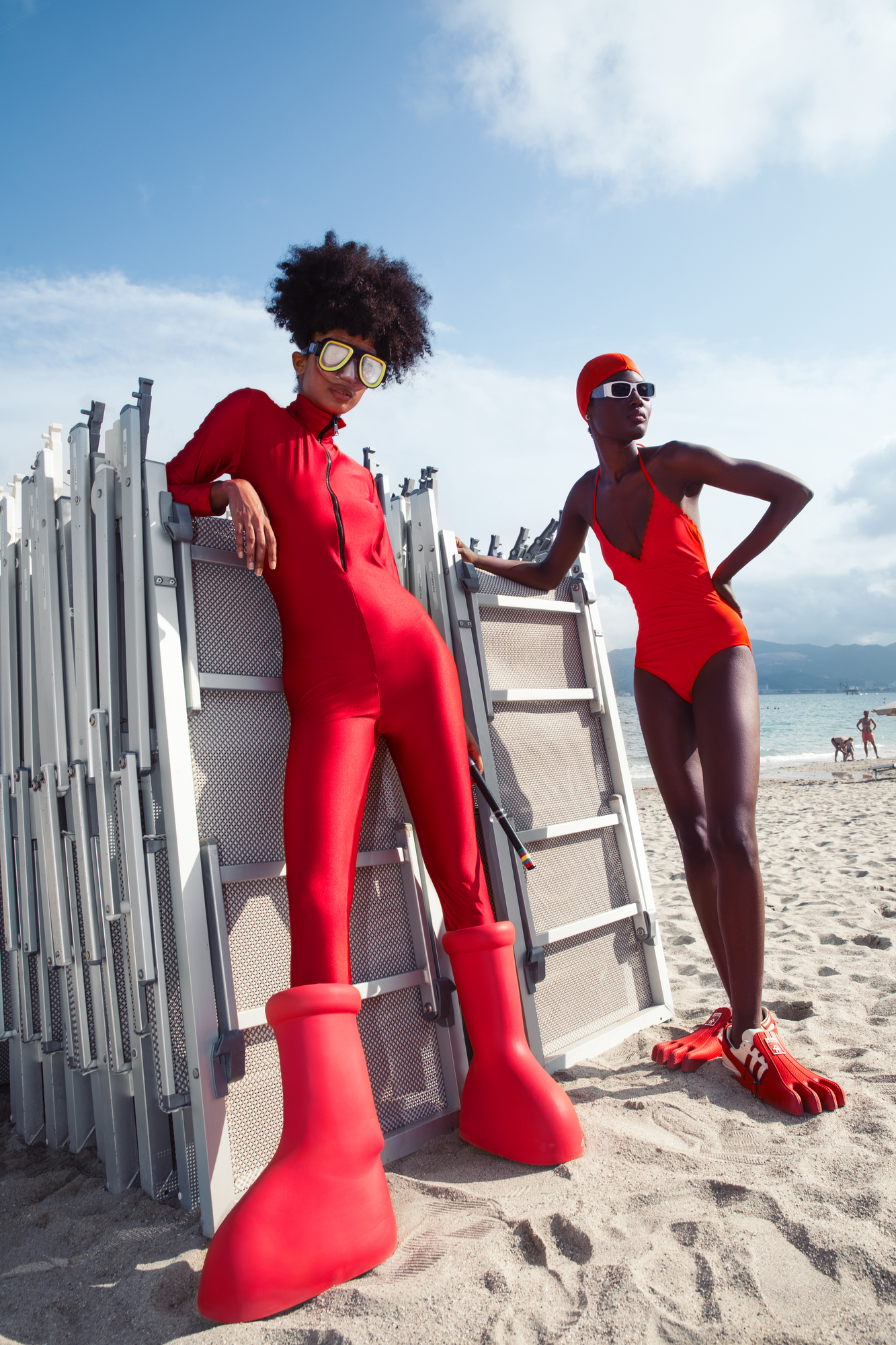 Avant garde fashion campaign retouching featuring conceptual designer footwear and beach location