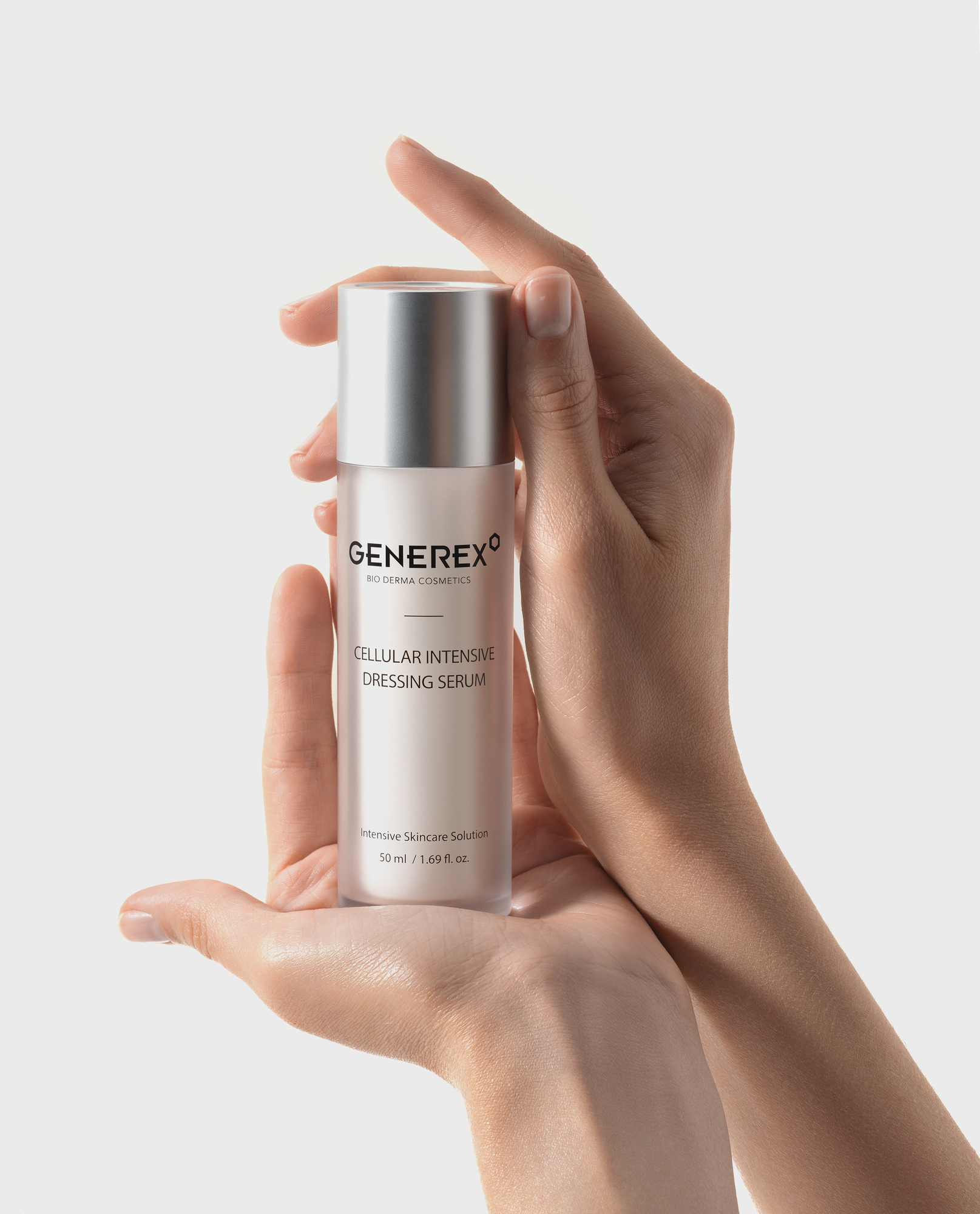 Skincare product-on-hand retouching for cosmetic brands: Generex serum bottle, skin and glass for advertising