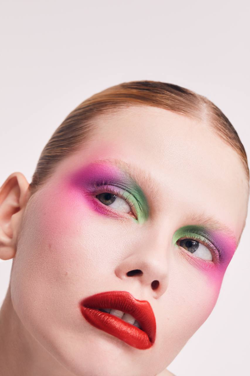 Macro beauty retouching close-up of creative eye makeup for cosmetics advertising
