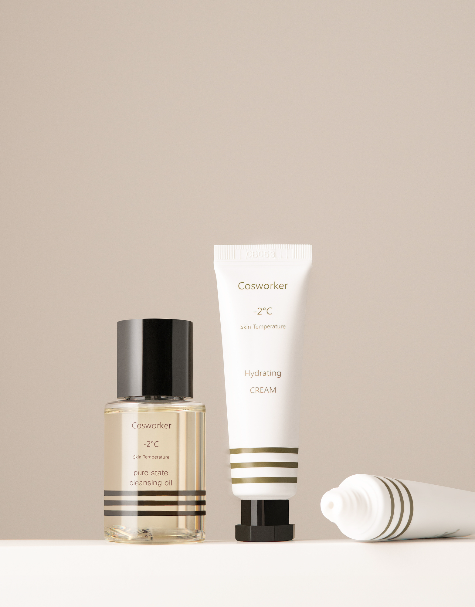 Skincare product retouching for cosmetic brands: Cosworker cleansing oil and hydrating cream packshot, clean studio